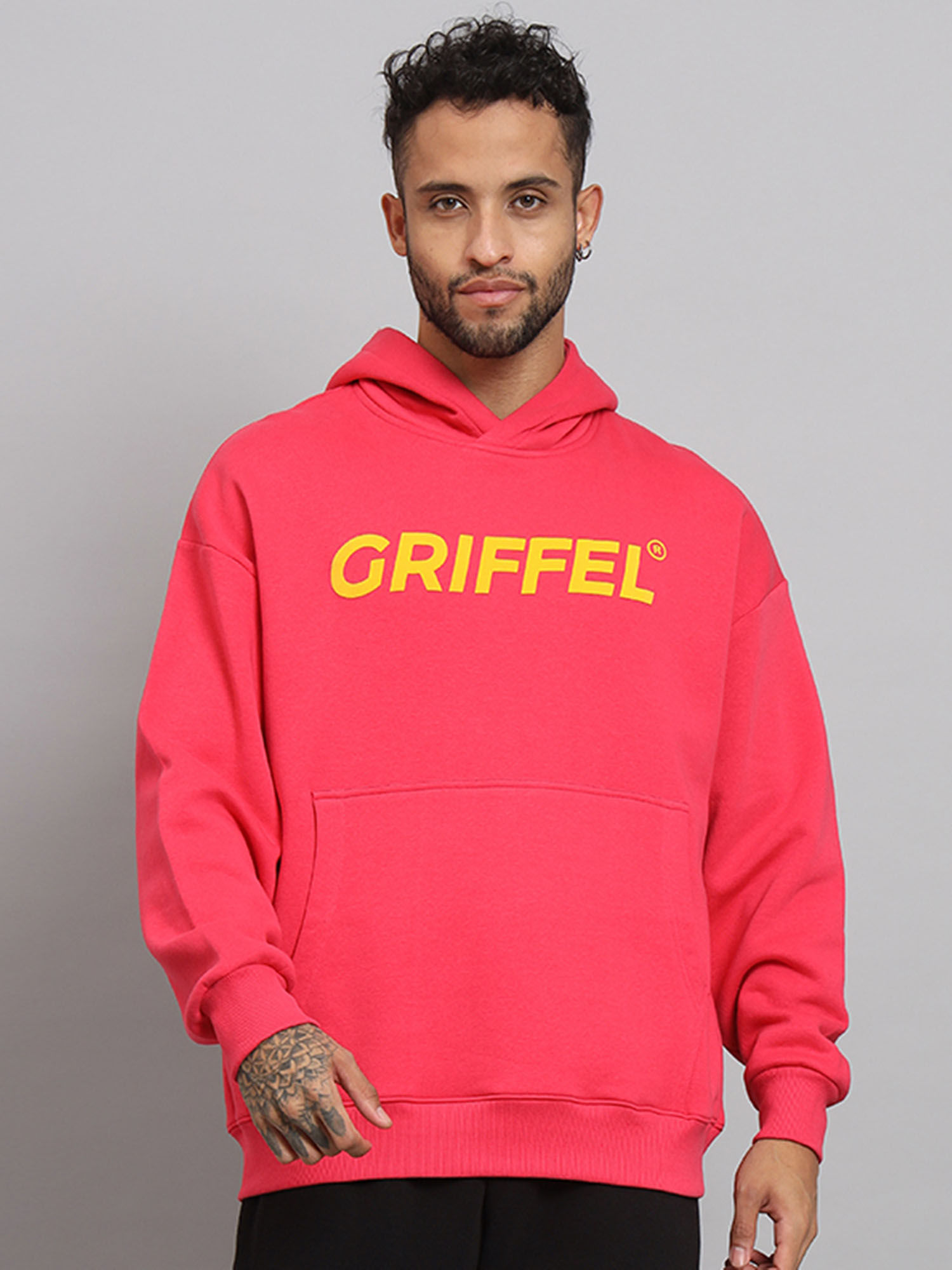 Buy Griffel Mens Neon Pink Front Logo Oversized Fleece Hoodie