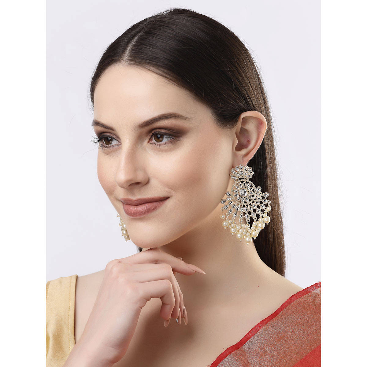 NVR Women Gold-Plated Kundan Chandbali Earrings