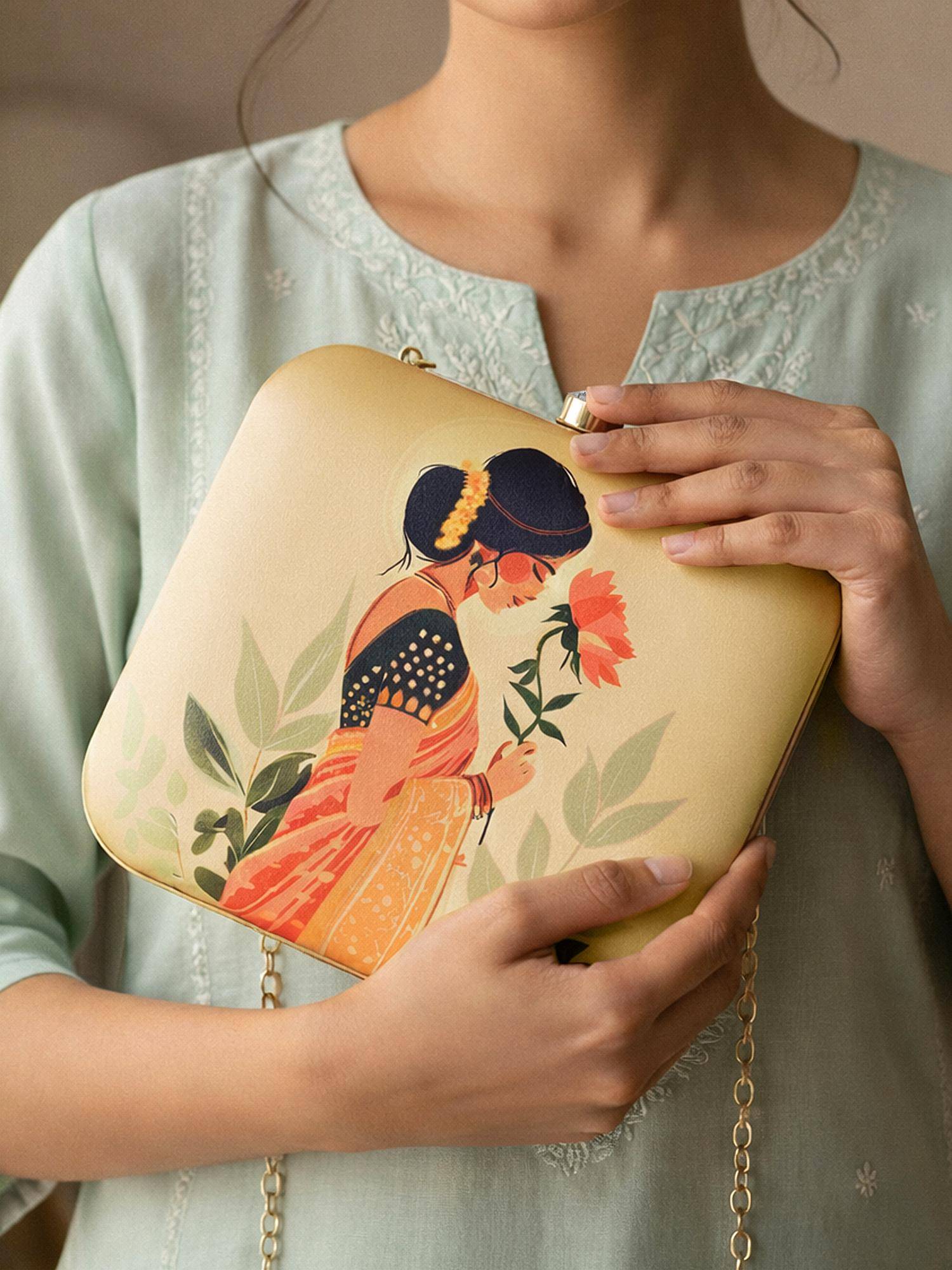 ARTKLIM Beige Based Indian Woman In Saree Printed Clutch with Detachable Chain