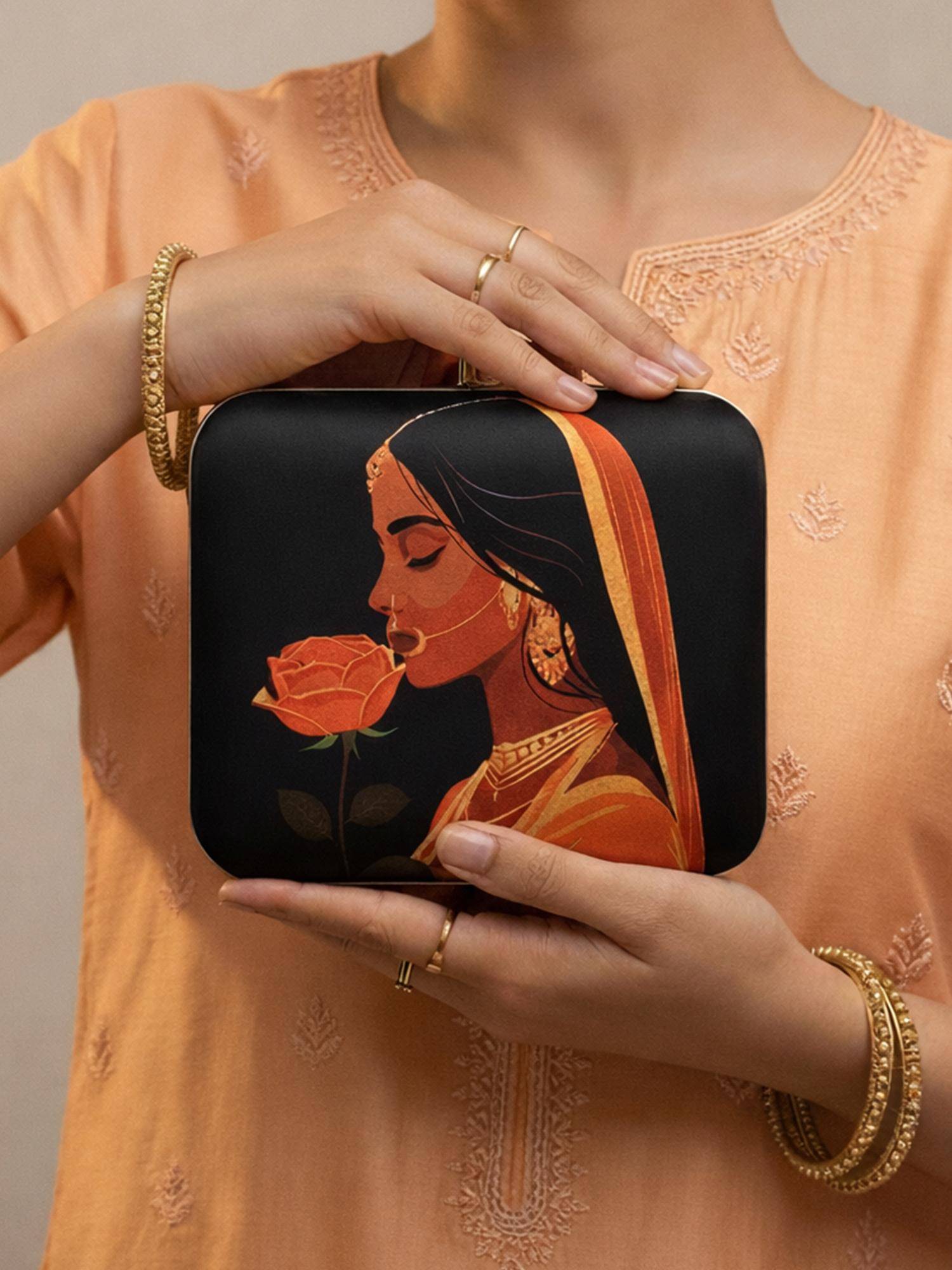 ARTKLIM Indian Woman Portrait Printed Clutch with Detachable Chain