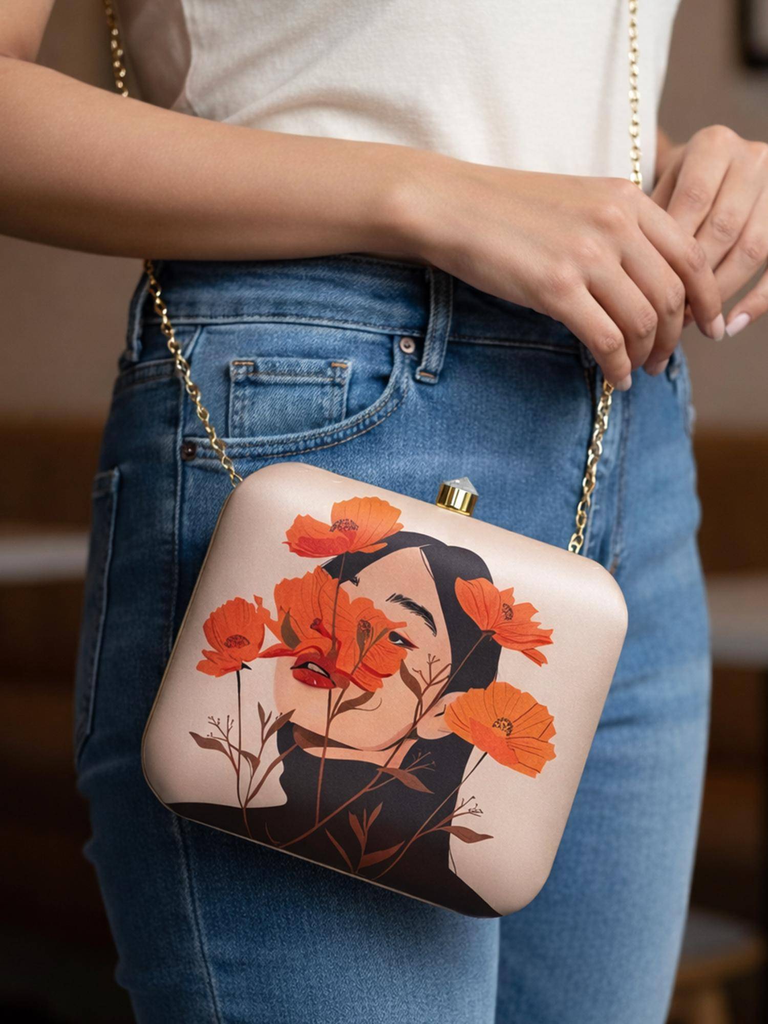 ARTKLIM Flower Girl Portrait Printed Clutch with Detachable Chain