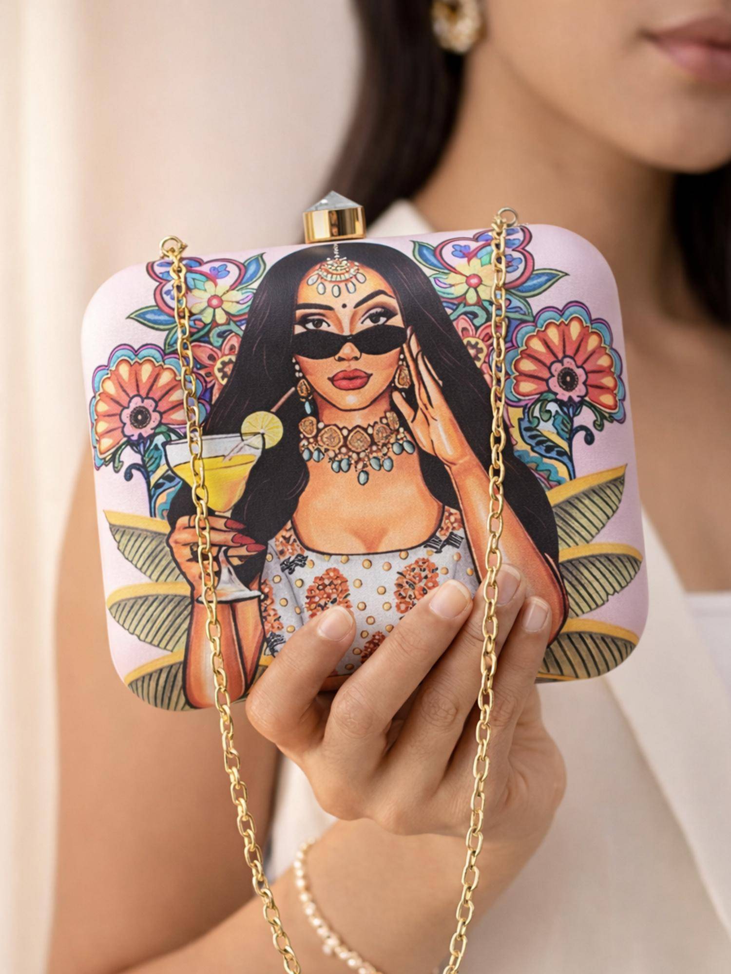 ARTKLIM Glam Girl Portrait Printed Clutch with Detachable Chain