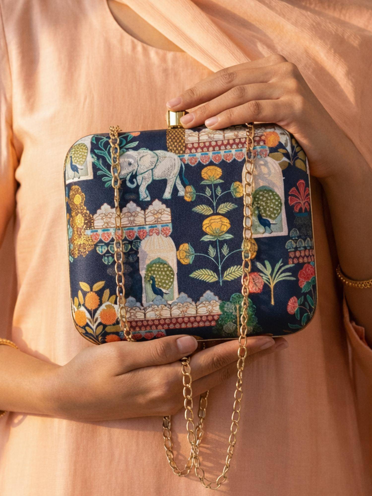 ARTKLIM Blue Theme Botanic Portrait Printed Clutch with Detachable Chain
