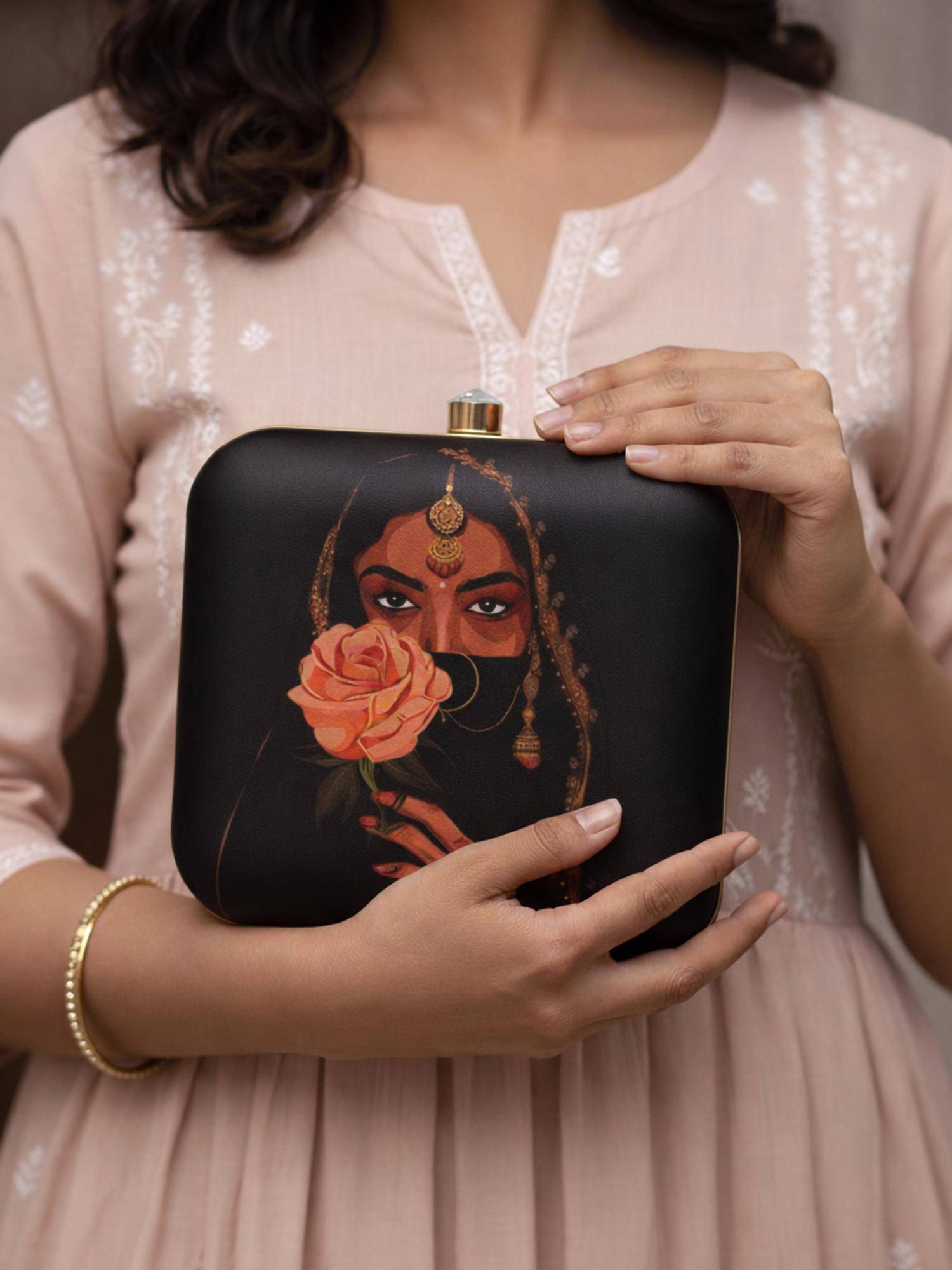 ARTKLIM Floral Woman Face Portrait Printed Clutch with Detachable Chain
