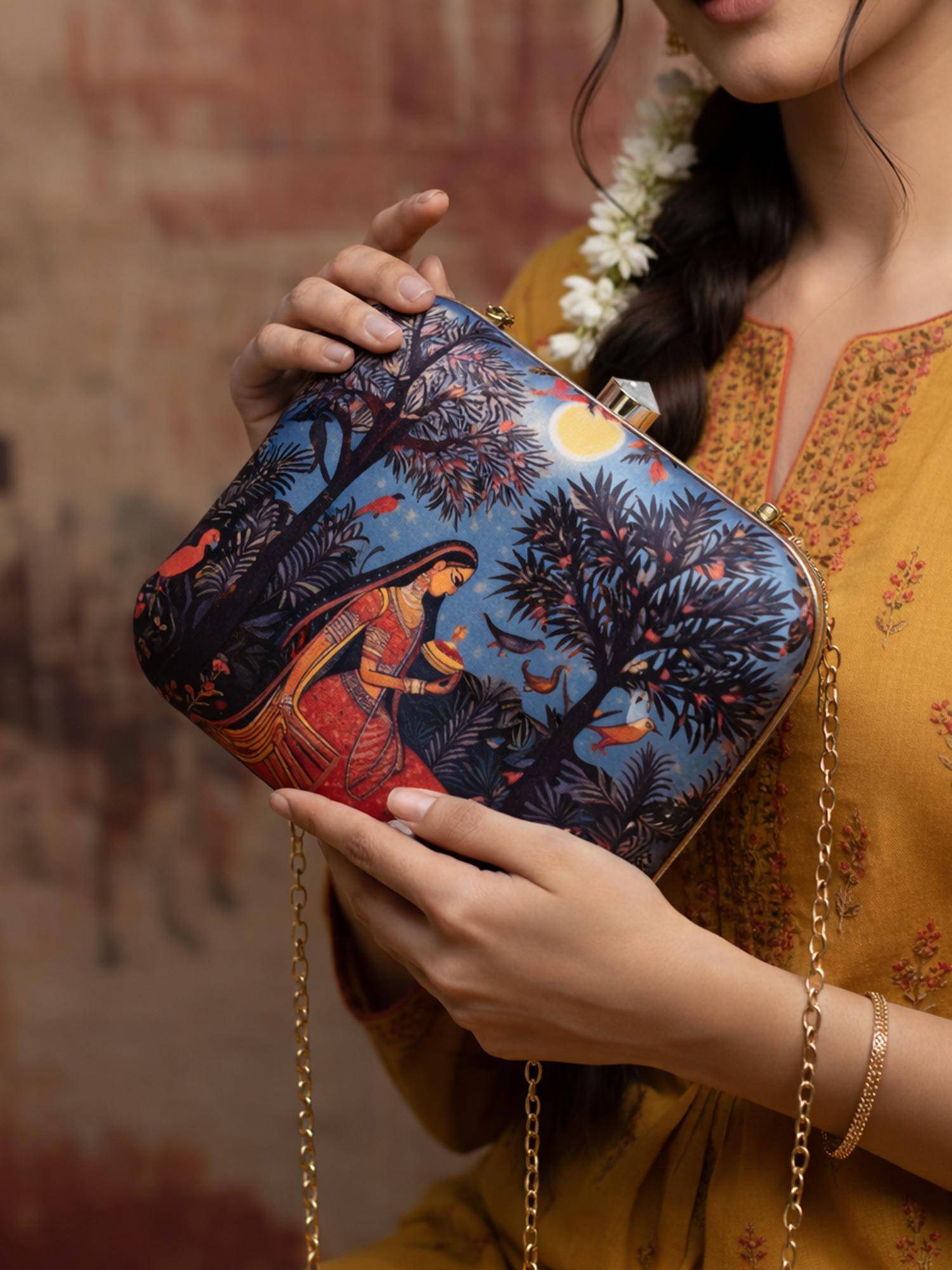 ARTKLIM Woman In Garden Portrait Printed Clutch with Detachable Chain
