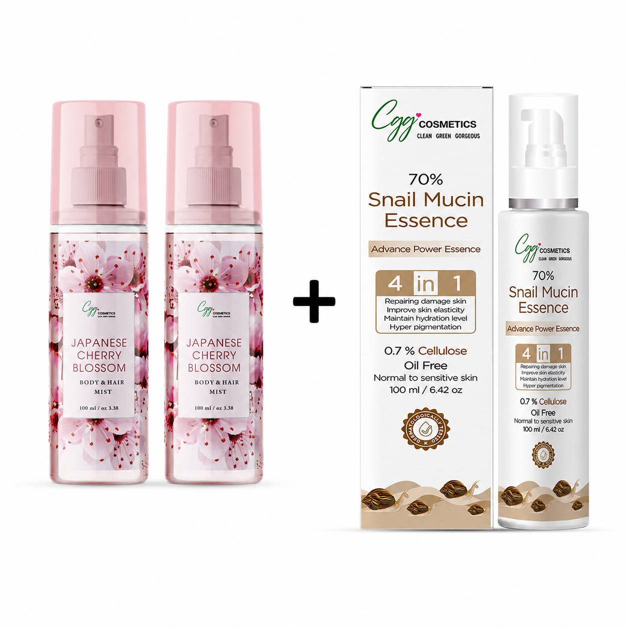 CGG Cosmetics Japanese Cherry Blossom Body Mist (pack of 2) + Free 70% Snail Mucin Essence