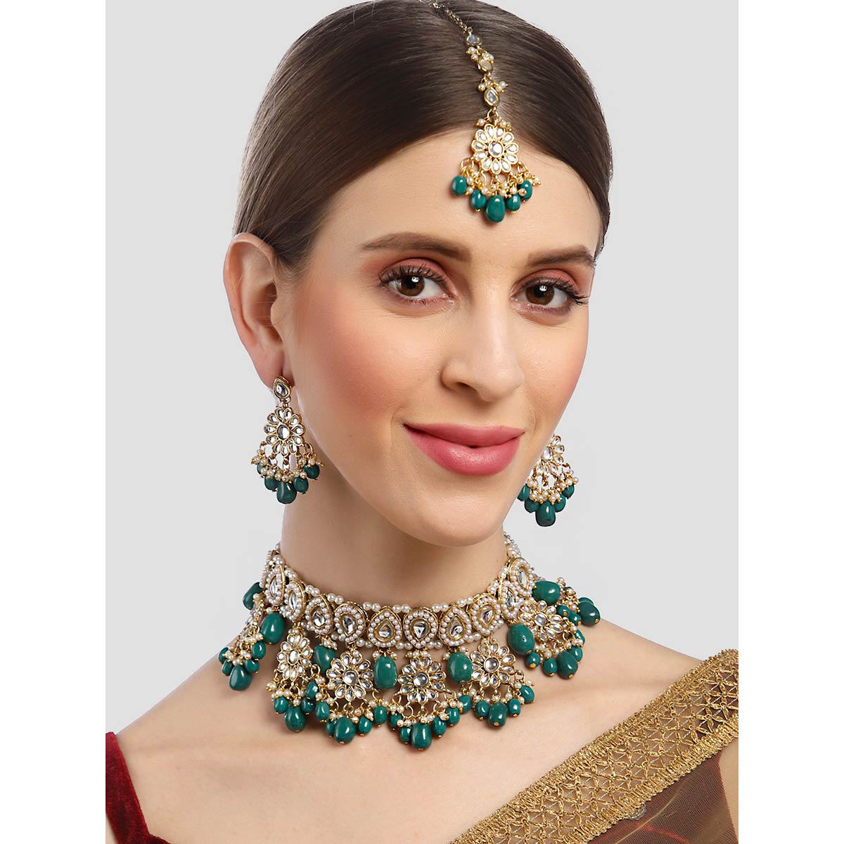 Karatcart Gold Plated Green Tumble Choker Necklace (Set of 3) Buy