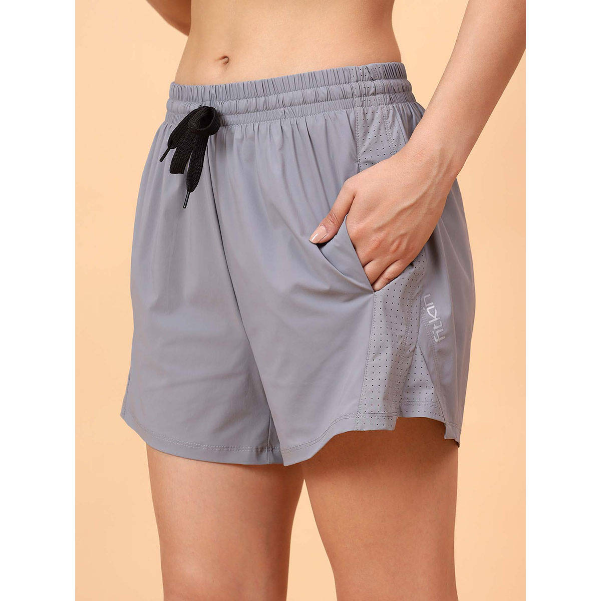 Buy Fitkin Women Grey Double Layer Laser Cut Detail Shorts Online