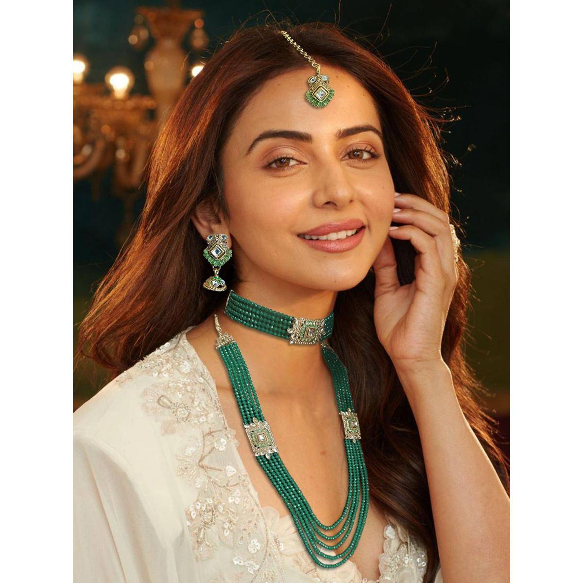 Accessher Green Beads Choker Necklace, Necklace, Maangtikka & Earrings Set
