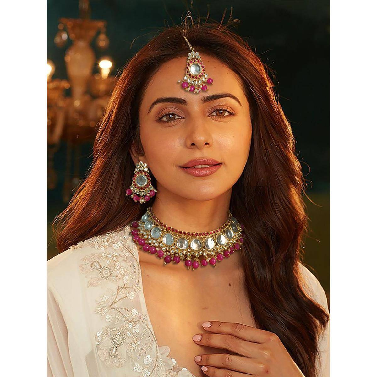 Accessher Pink Stone White Kundan Studded Choker Necklace, Maangtikka & Earrings Set