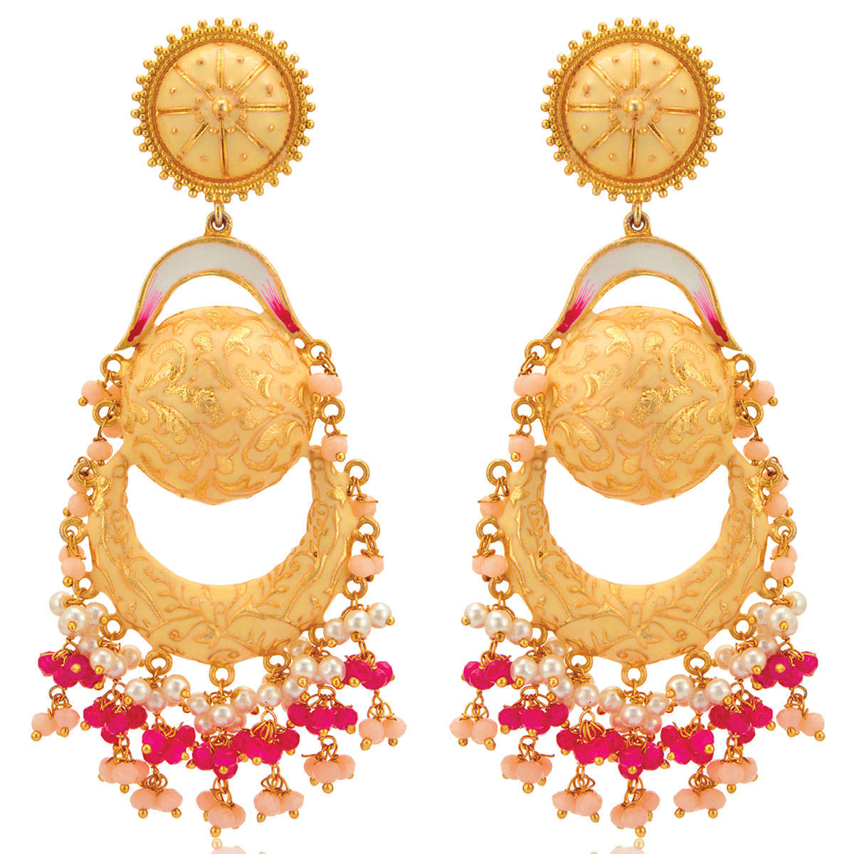 Peora Cream Enamel Meenakari Hand Crafted Pearl Pearl Chandbali Dangle & Drop (PF66E108CRM)