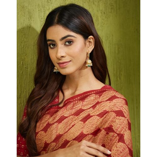 Fabindia Gold Plated Silver Jhumka Green Stone Earrings