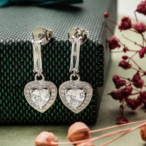 Austrian Crystal Heart Pearl Stud Earrings for Women 14K