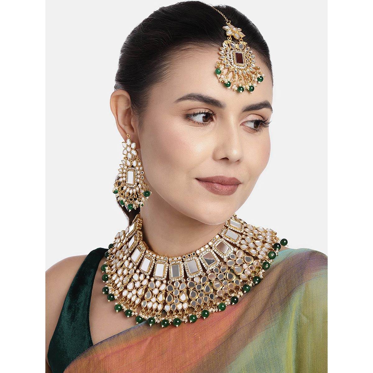 Peora Gold Plated Traditional Necklace Chandbali Earrings Maangtikka Jewellery Set
