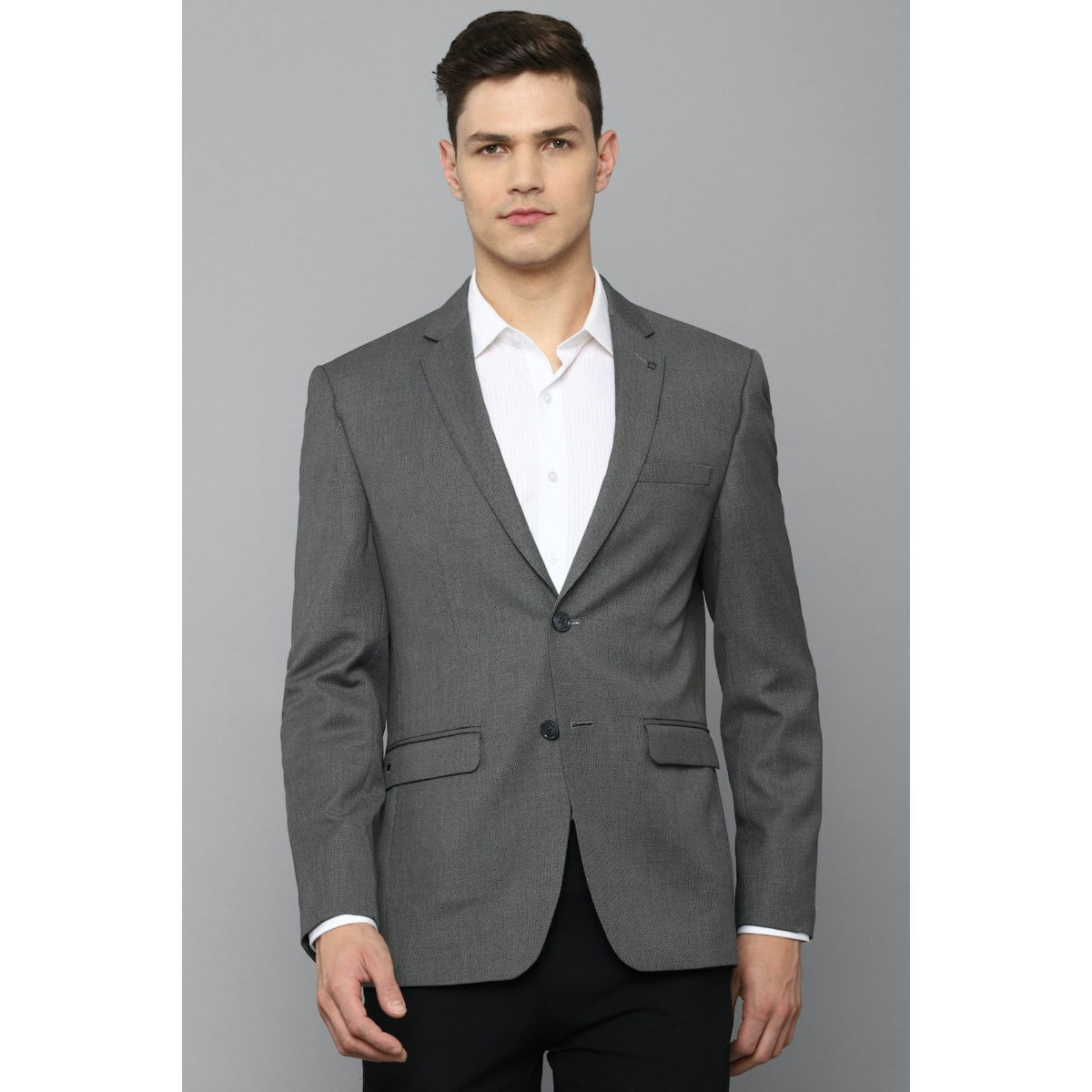 Grey blazer with black collar best sale