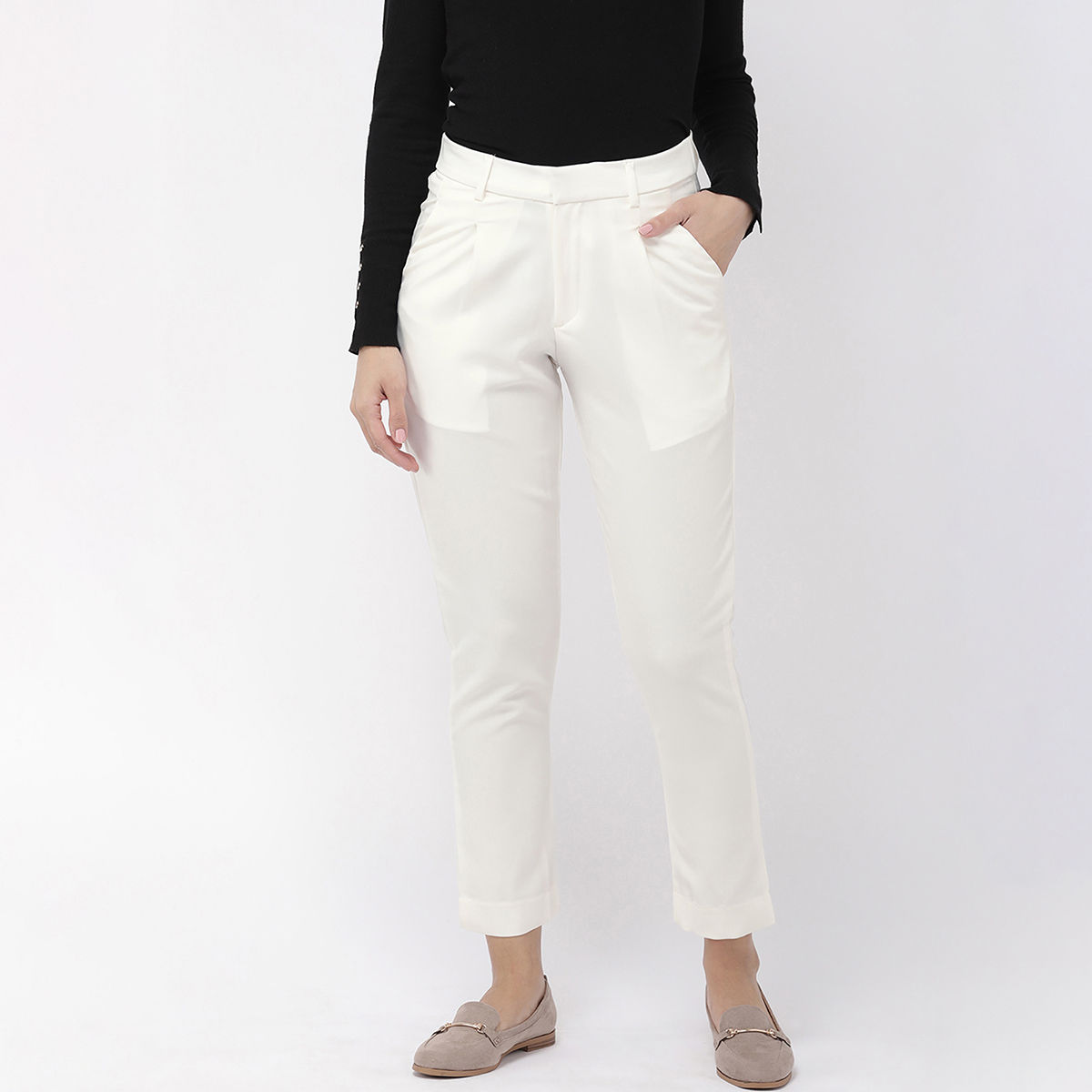 Buy Arrow Off White Regular Fit Self Pattern Flat Front Trousers for Mens  Online @ Tata CLiQ