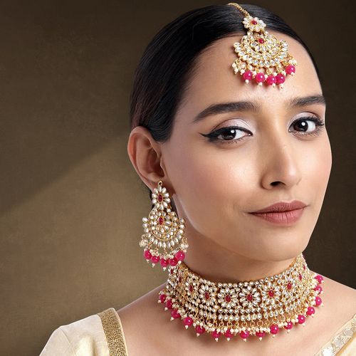 Buy Peora Kundan Studded Choker Necklace Earrings Maang Tikka Set