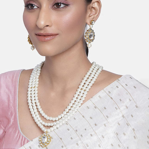 Buy Peora White Kundan Pearl Long Necklace Earrings Set for Women