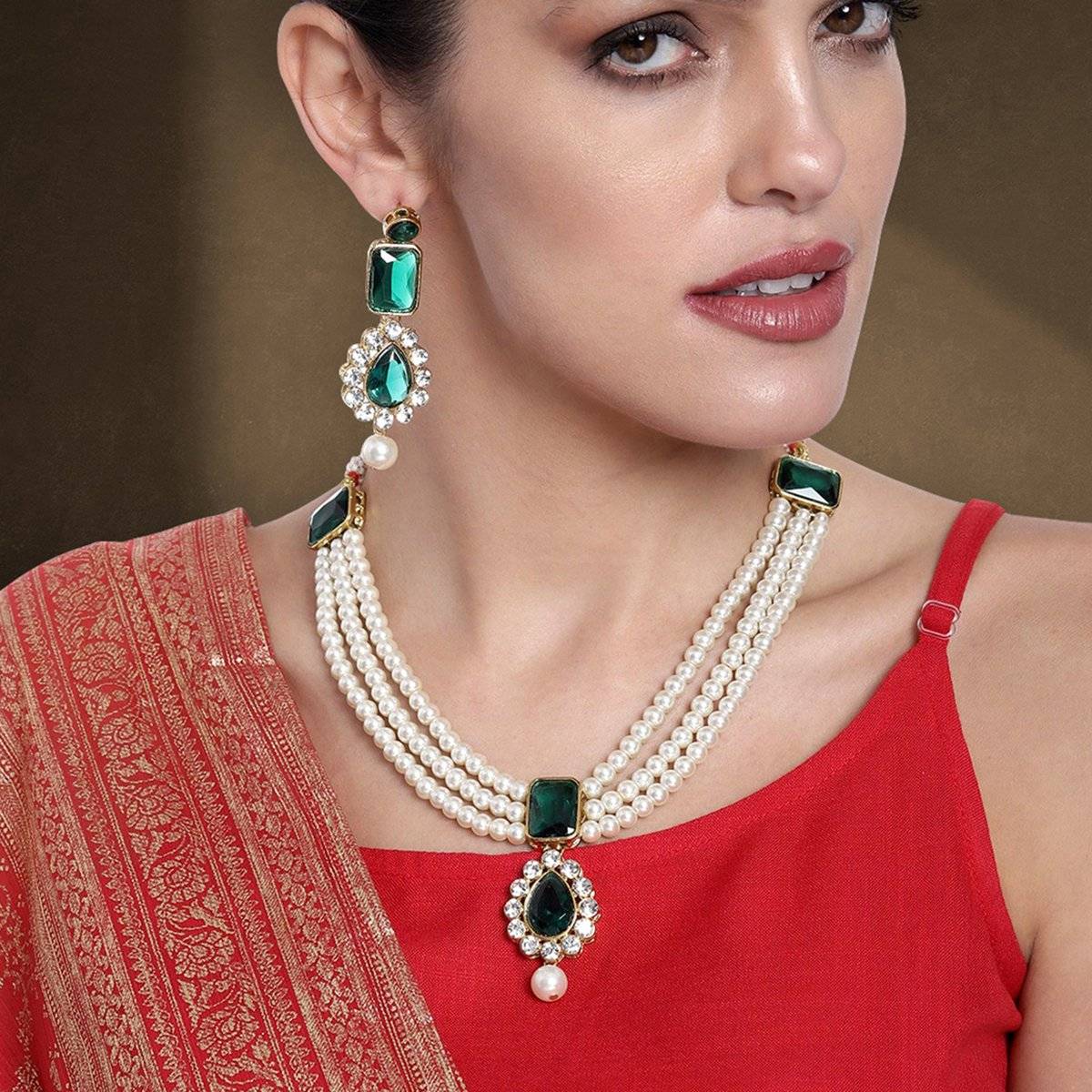 Peora Green Kundan Long Necklace Earring Set for Women