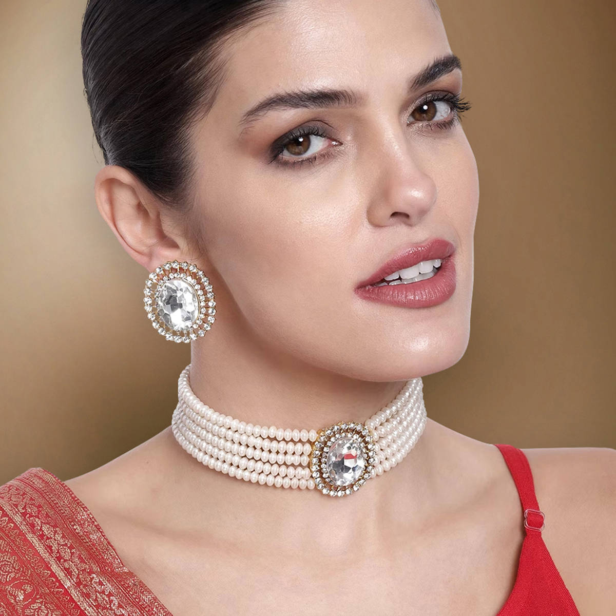 Peora Oval White Stone Beaded Adjustable Necklace Set for Women