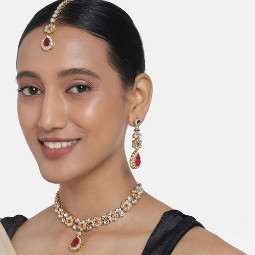 Buy Peora Crystal Rani Pink Kundan Necklace Earring Maang Tikka