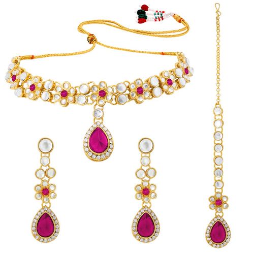 Maang Tikka Amazon Kundan Necklace Set Buy Peora Crystal Rani Pink