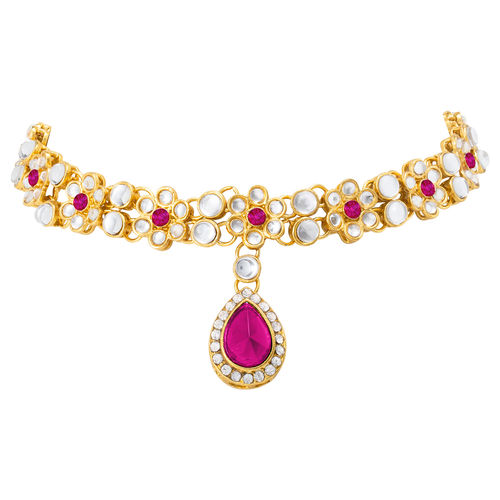 Buy Peora Crystal Rani Pink Kundan Necklace Earring Maang Tikka