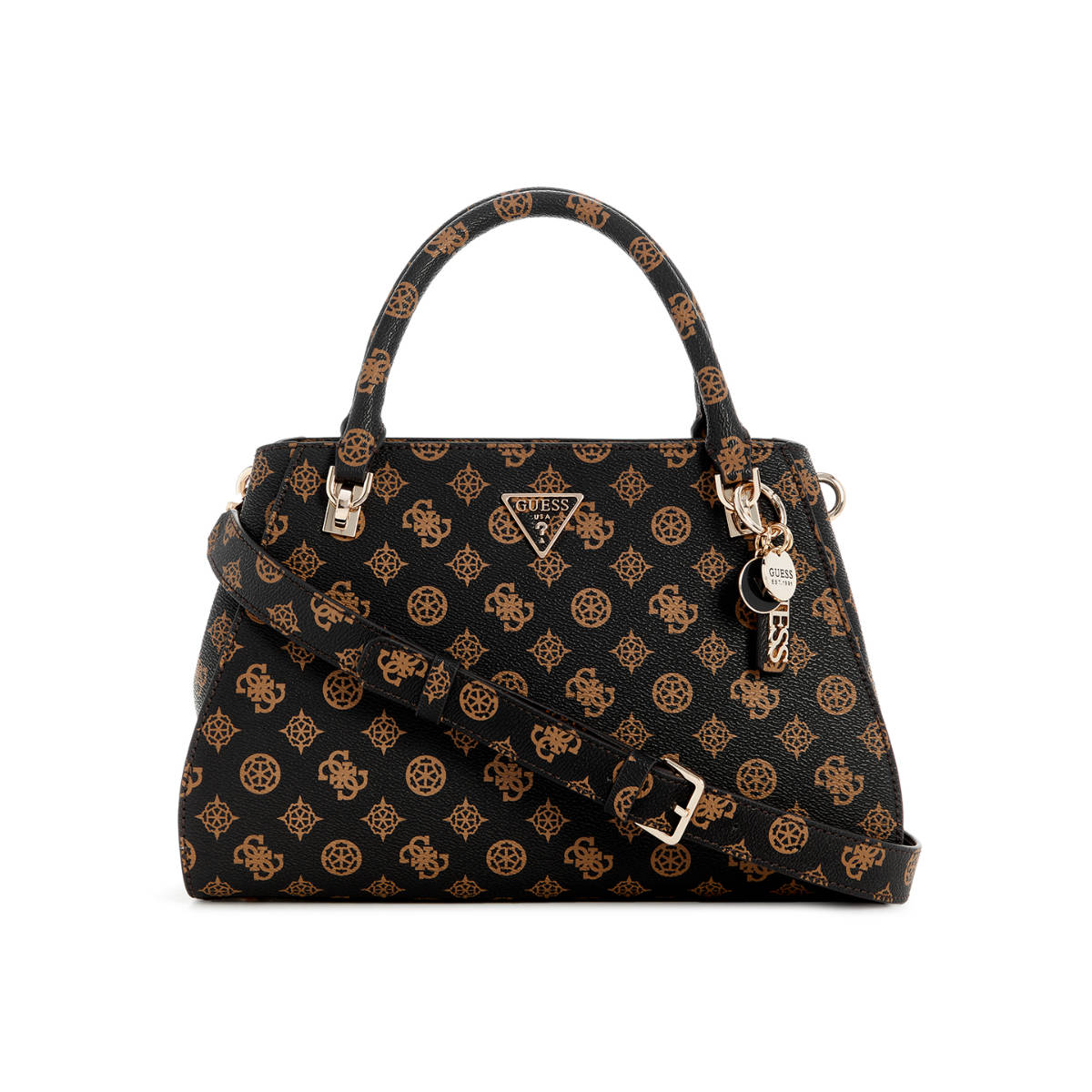 Guess Mocha Black Logo Printed Noelle Luxury Satchel Bag