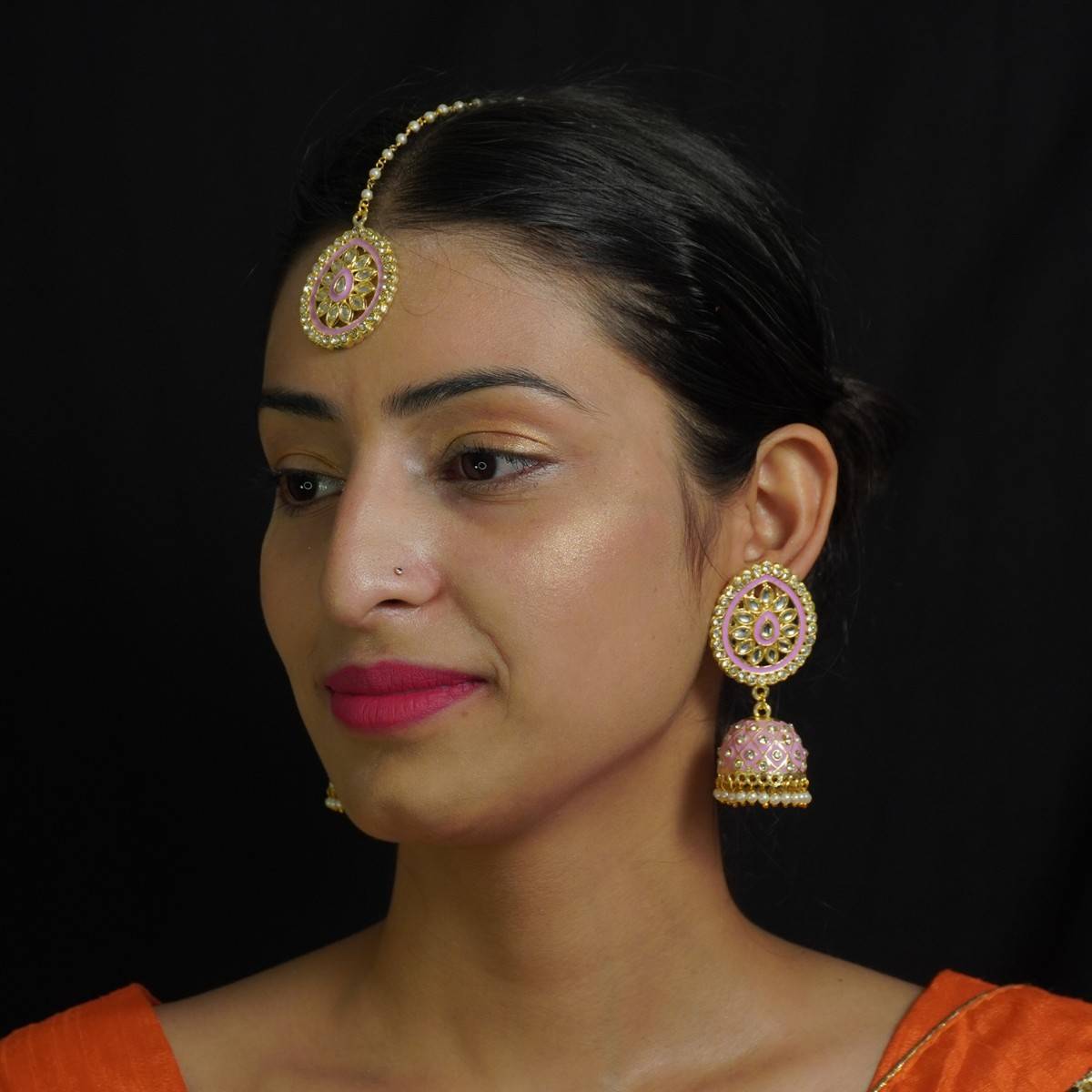 Niscka Gold Plated Pink Meenakari Kundan Jhumka Earrings and Maang Tikka Set
