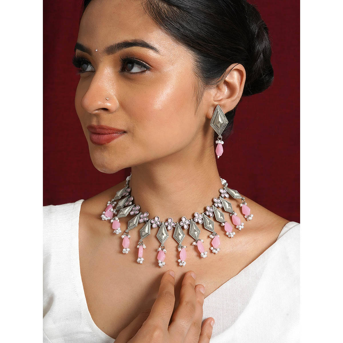 Teejh Roopmati Silver Oxidised Pink Necklace Set