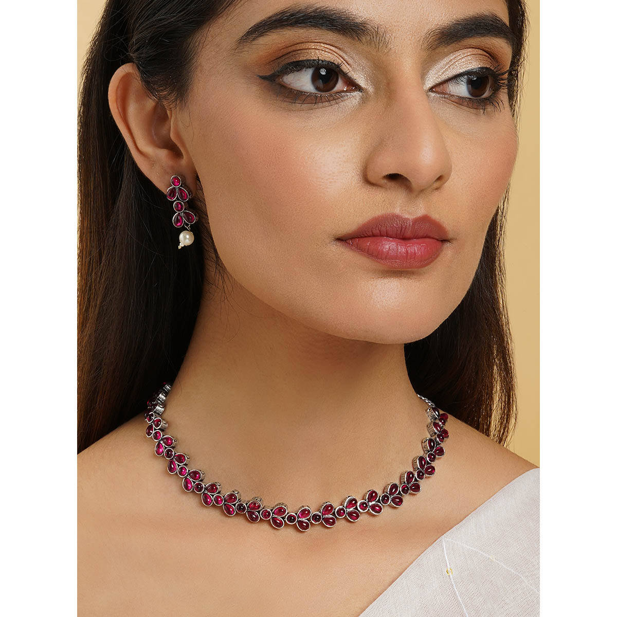 Teejh Silver and Red Petal Fusion Necklace Set