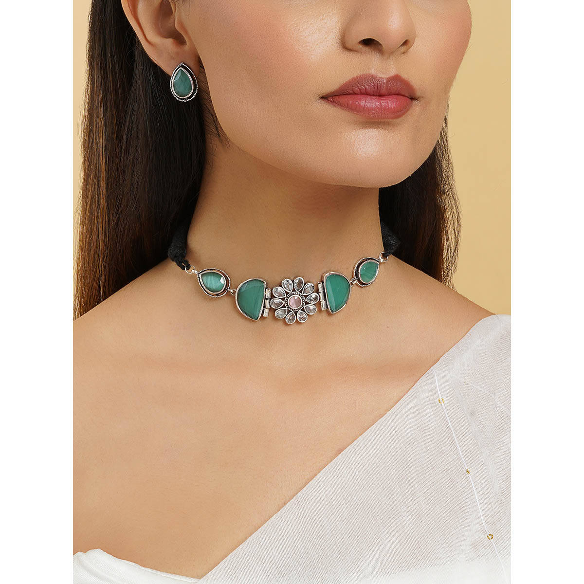 Teejh Silver and Teal Medow Necklace Set