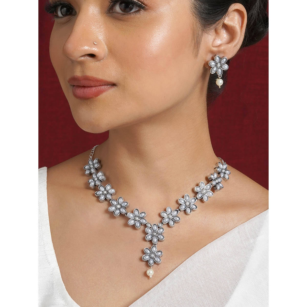 Teejh Kriya Silver Oxidised Pearl Necklace Set