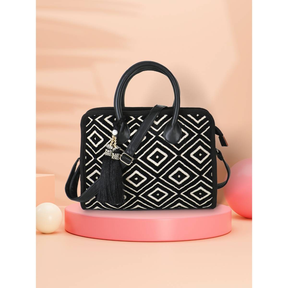 Anekaant Geomat Natural And Black Jacquard Cotton Canvas Diamond Woven Handheld Bag