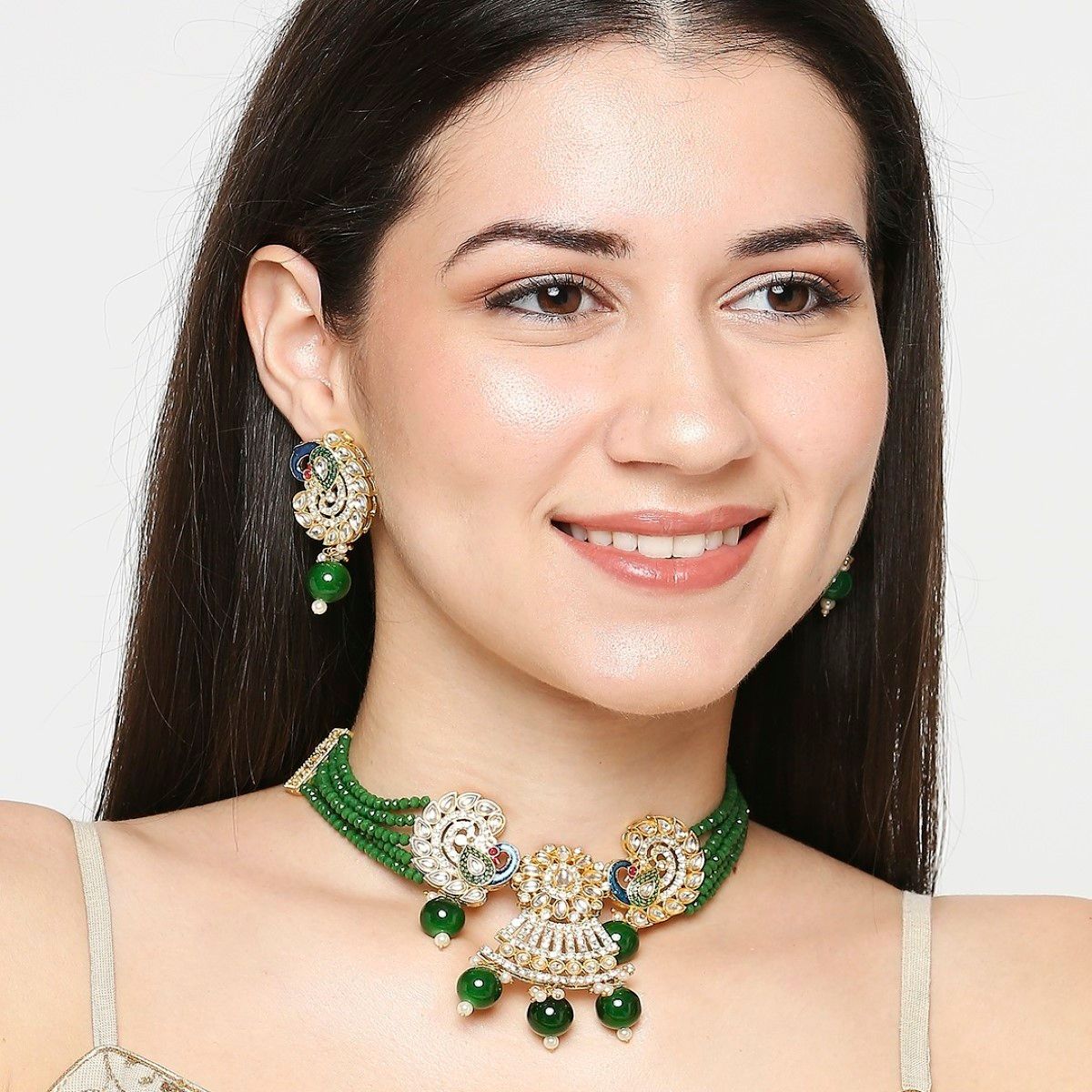 OOMPH Green Beads & Kundan Choker Necklace Set in Peacock Design with Matching Earrings