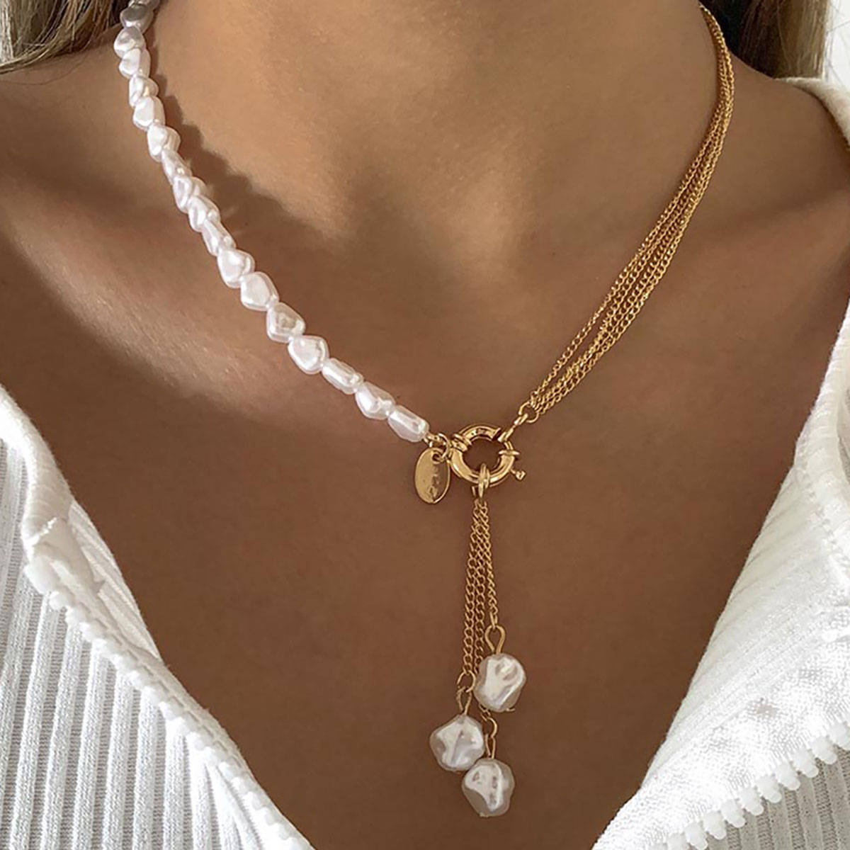 Niscka White Pearl Gold Toned Stylish Link Chain Necklace