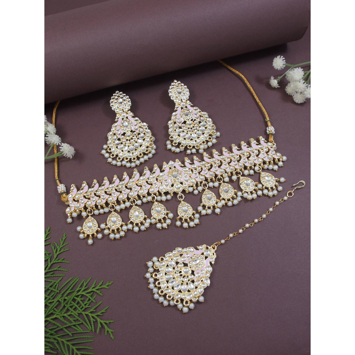 I Jewels Gold Plated Purple Meenakari Kundan and Pearl Choker Jewellery Set