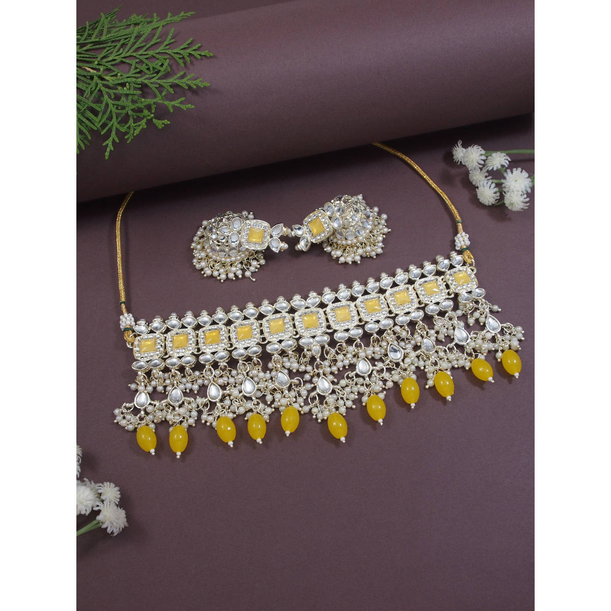 I Jewels Gold Plated Yellow Kundan and Pearl Bridal Choker Jewellery Set