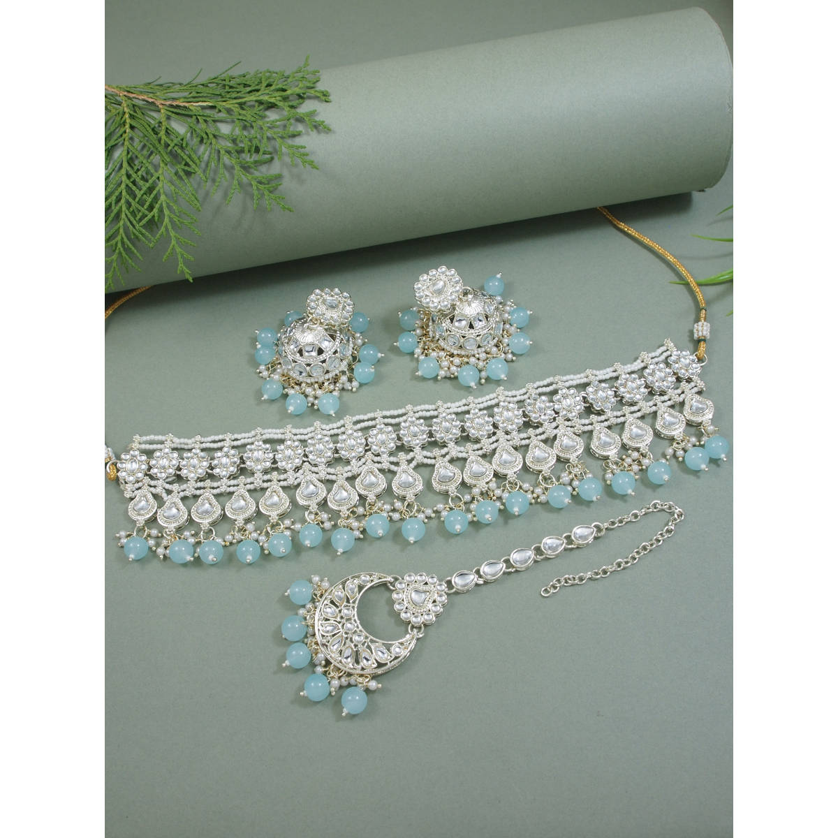 I Jewels Gold Plated Turquoise Kundan and Pearl Choker Necklace Jewellery Set