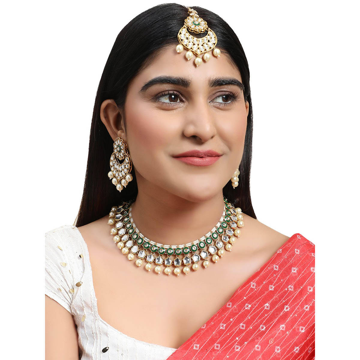 Anika's Creations Emerald Green Meenakari Traditional Kundan and Pearl Jewellery Set