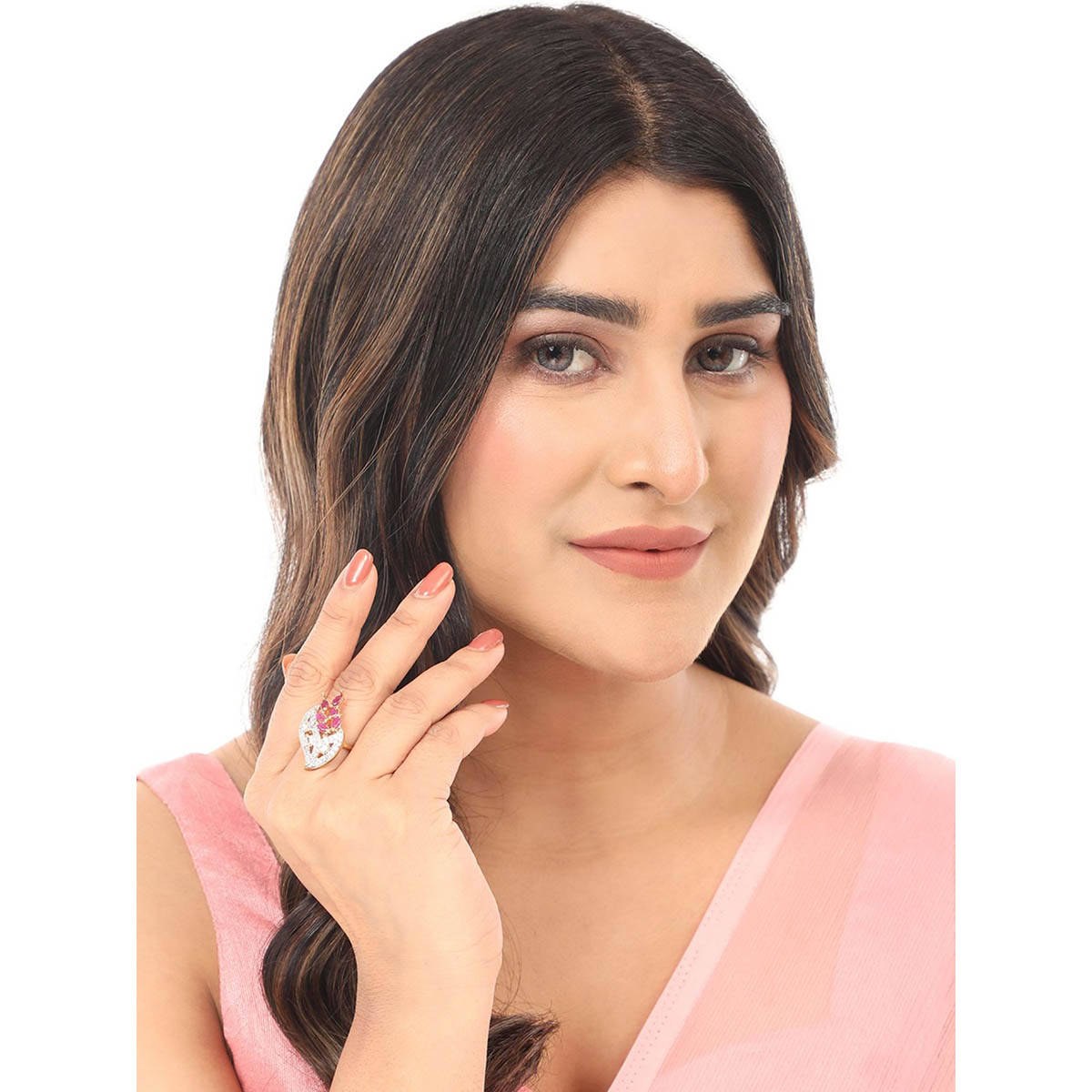 Anika's Creations White and Magenta American Diamond Studded Leaf Motif Ring