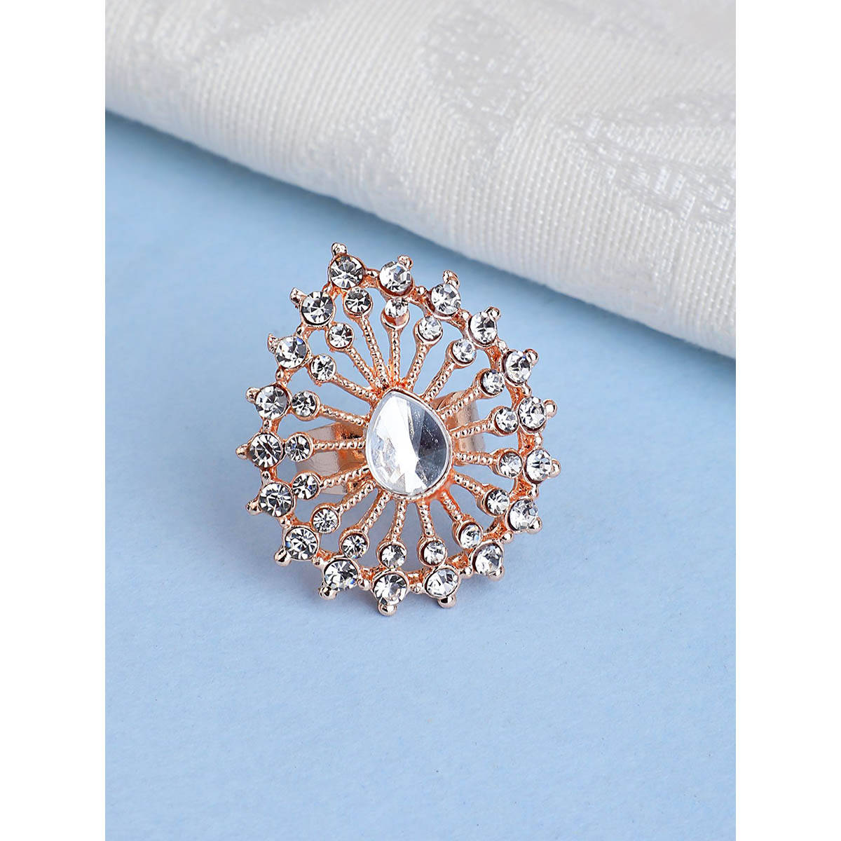 Anika's Creations Indian Design White Stone Studded Adjustable Teardrop Shape Cocktail Ring