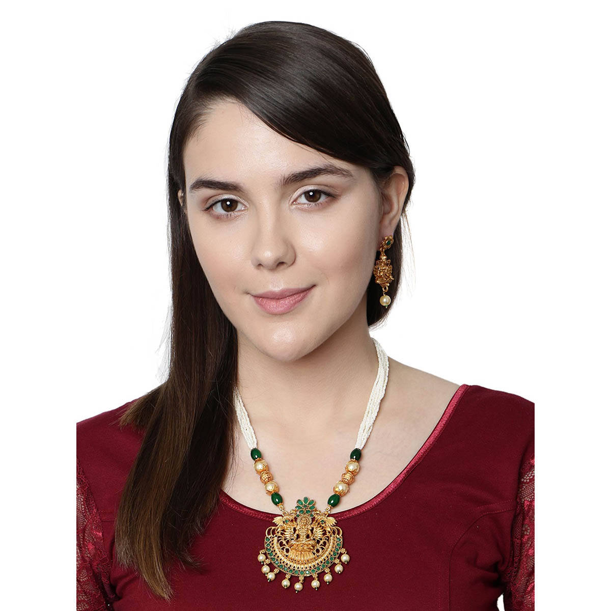 Anika's Creations Gold Plated Maa Laxmi Stone Studded Necklace with Earrings for Women