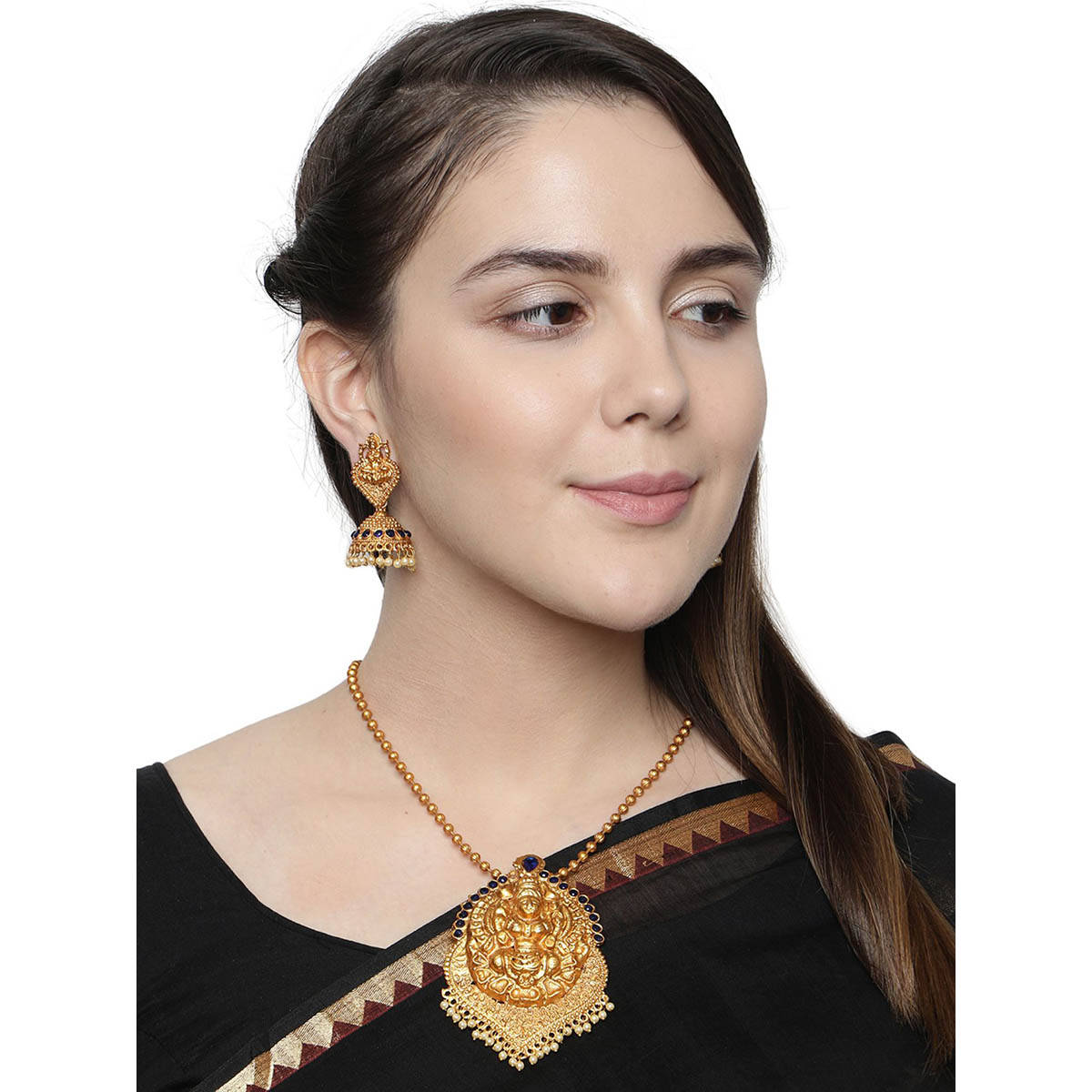 Anika's Creations Antique Matte Gold Finish Blue Stone Studded Temple Jewellery Set