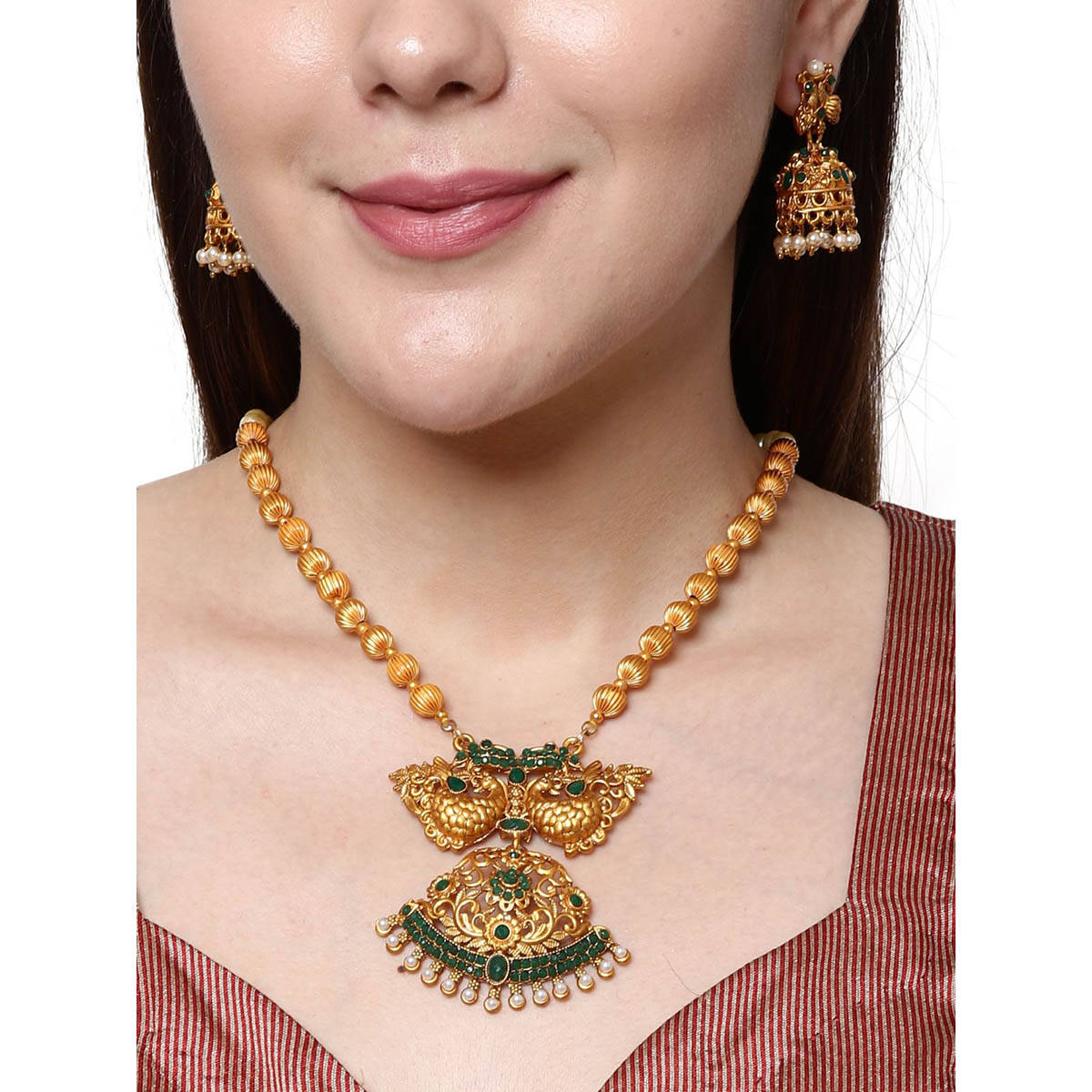 Anika's Creations Gold Plated Maa Laxmi Stone Studded Necklace with Earrings for Women
