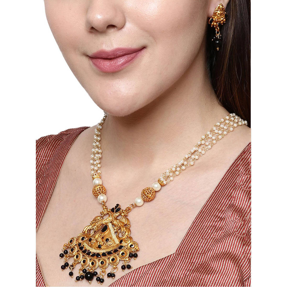 Anika's Creations Gold Plated Maa Laxmi Stone Studded Necklace with Earrings for Women