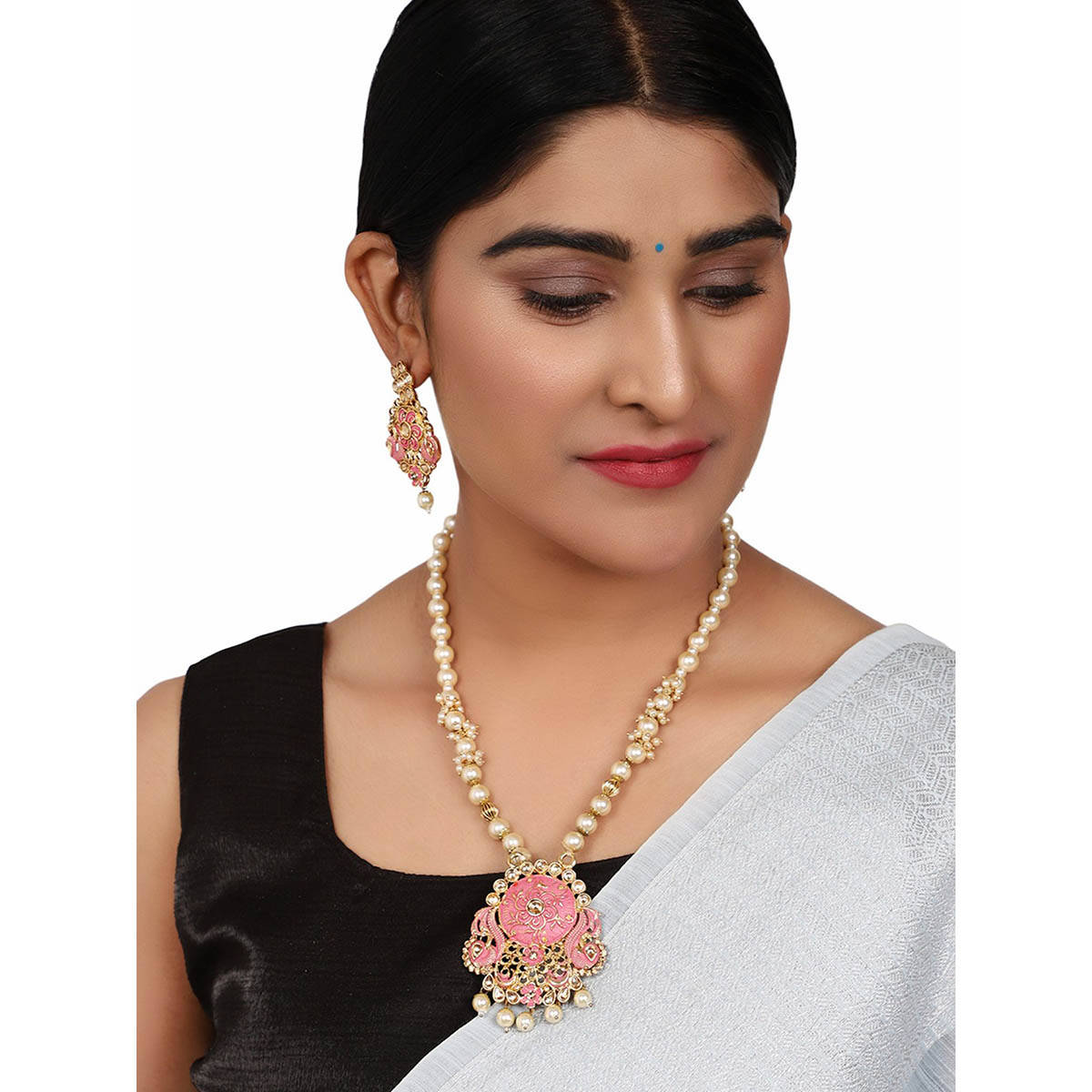Anika's Creations Antique Matte Gold Finish Stone Studded Temple Jewellery Set