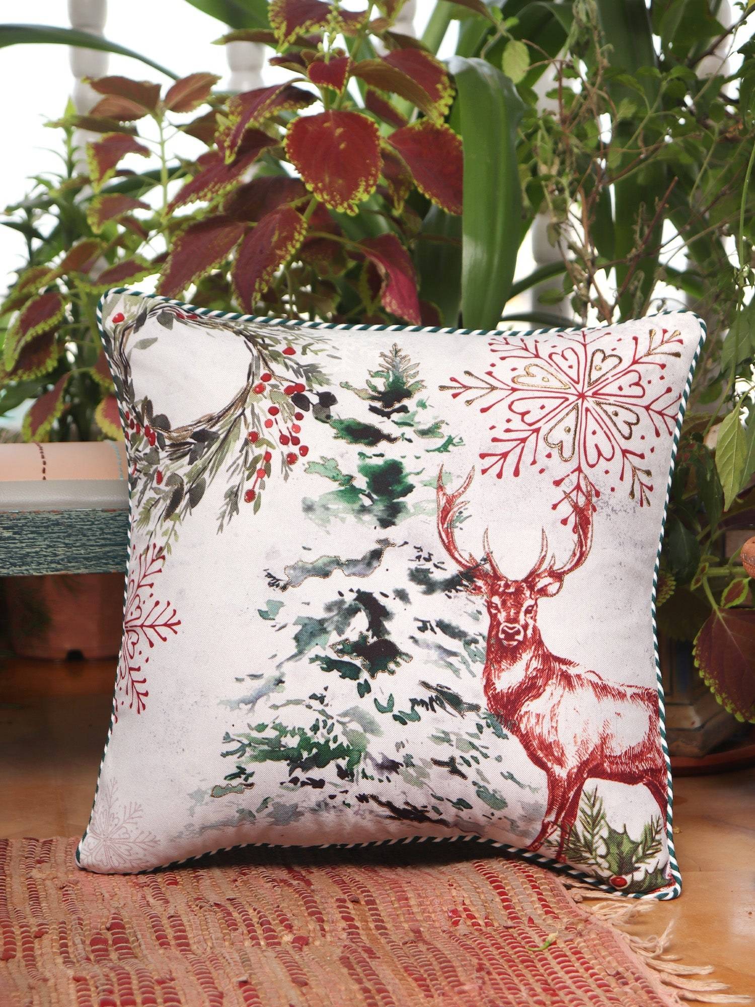 Zeba World White Embroidered & Printed Cotton Blend Cushion Cover (16 x 16 Inches)
