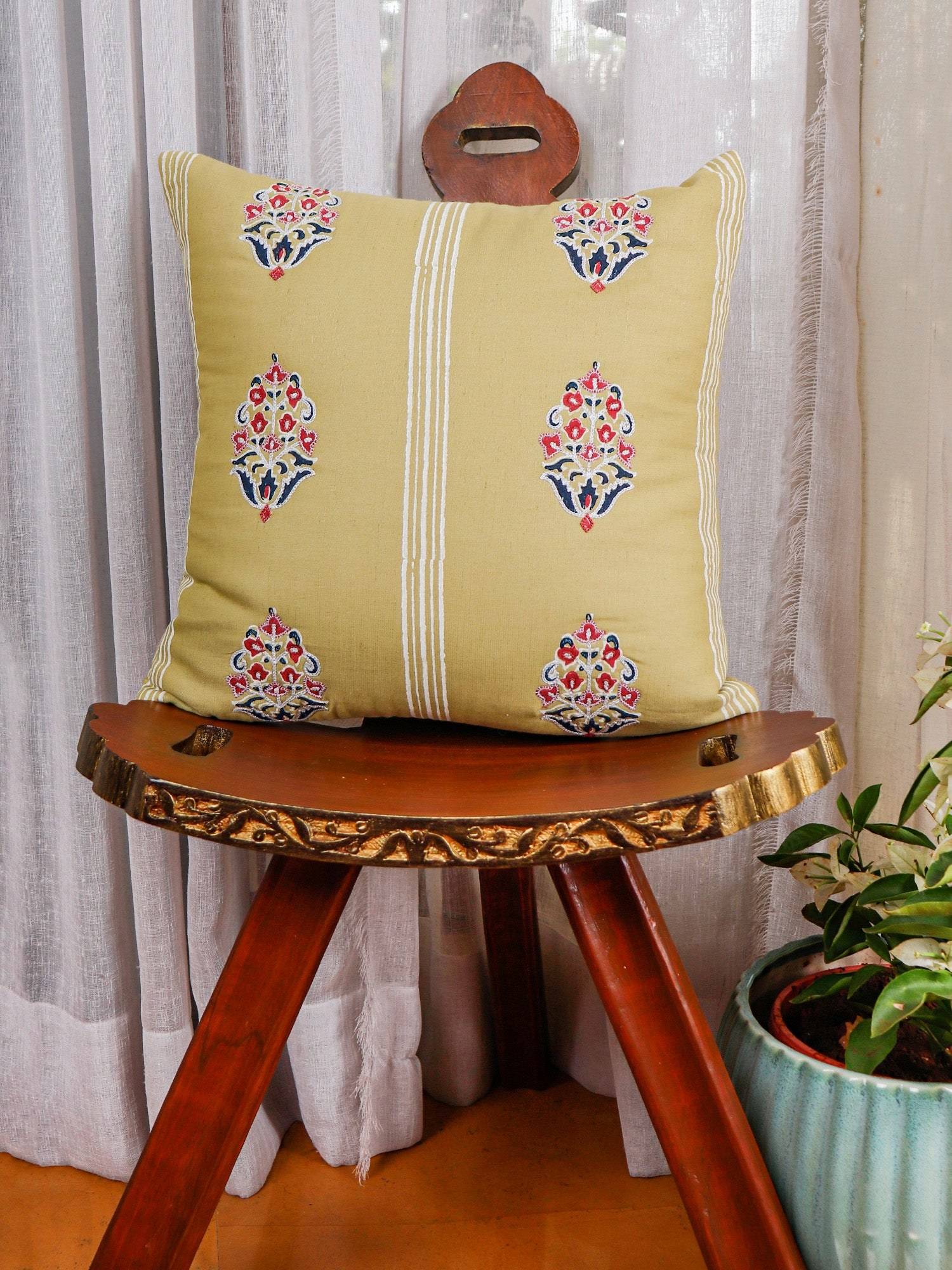 Zeba World Yellow Block Printed & Hand Embroidered Cotton Cushion Cover (16 x 16 Inches)