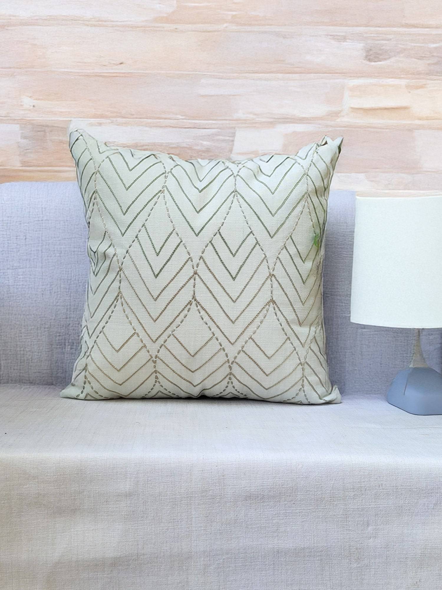 Zeba World Off White Hand Embroidered Chawal Taka Polycotton Cushion Cover (16 x 16 Inches)